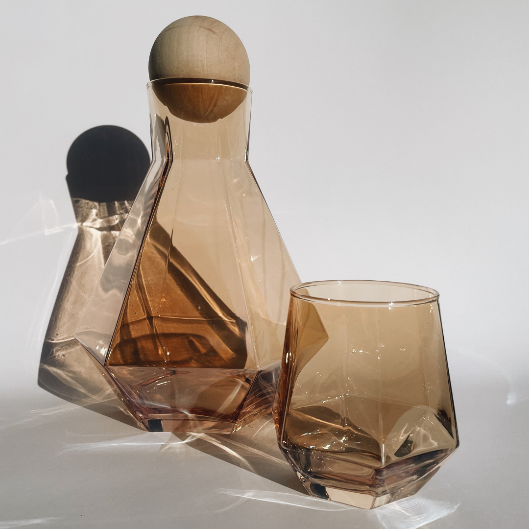 Amber Handblown Recycled Glass Carafe and Cup Set (Pair) - Textured Amber